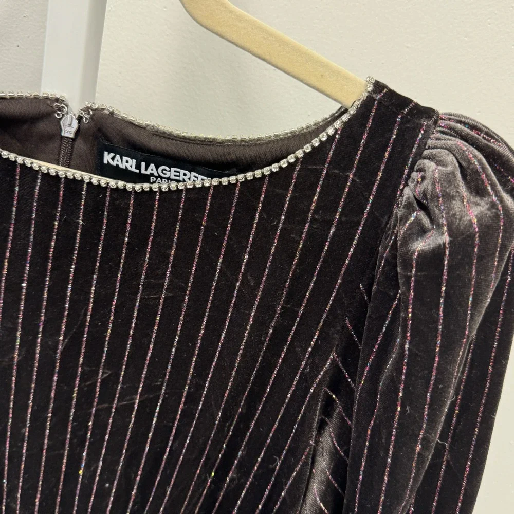 Karl Lagerfeld Paris Velvet Pinstripe Rhinestone Midi Maxi Dress Brown 8 Holiday